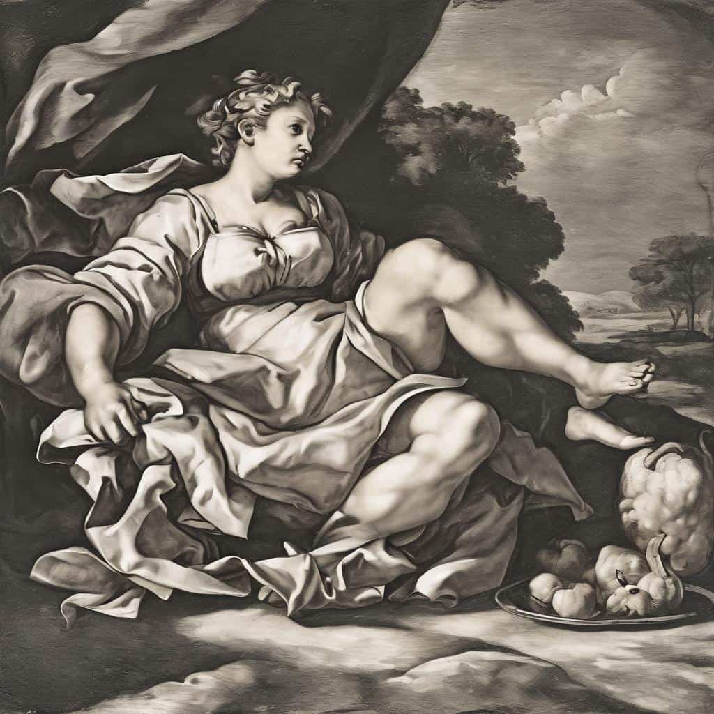 Παραδοσιακός πίνακας ζωγραφικής της εκφραστικής τέχνης, εμπνευσμένος από την εποχή της Αναγέννησης, σε μονοχρωματικό στιλ.