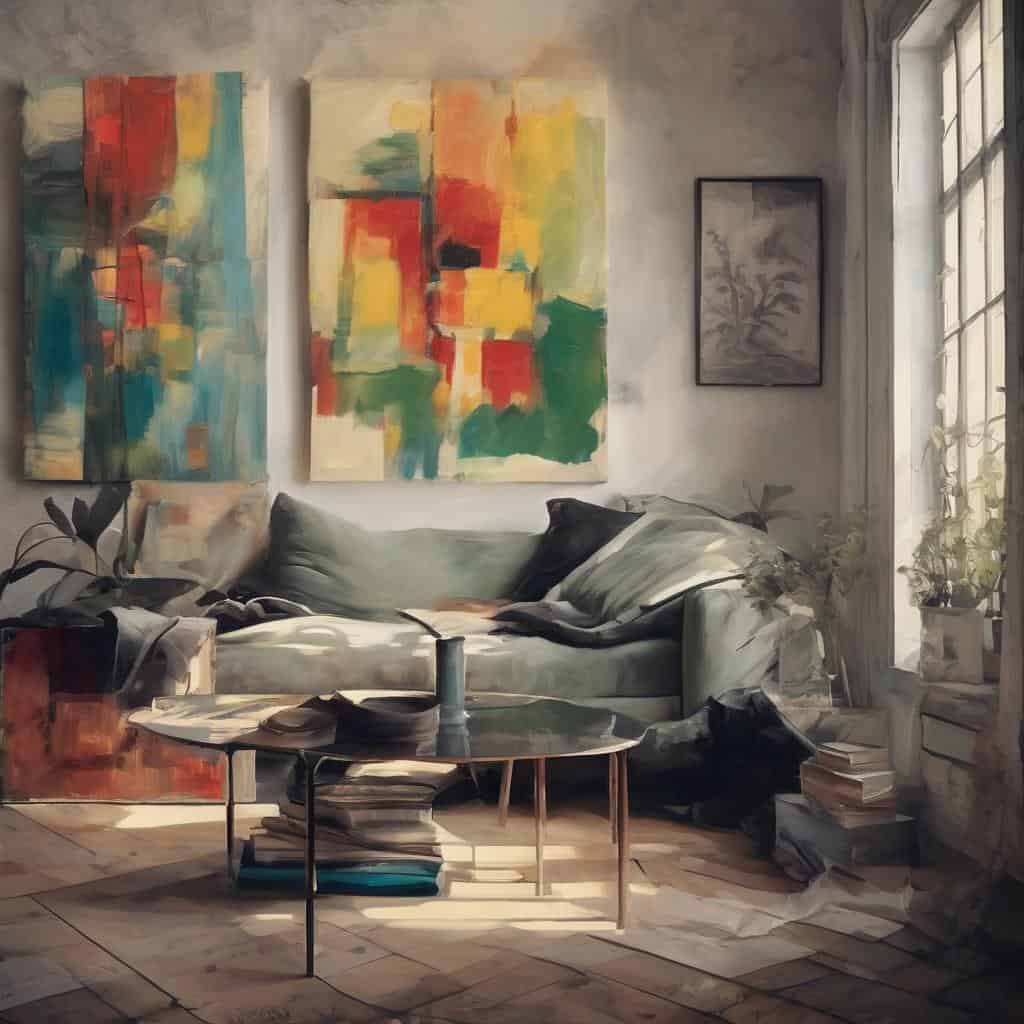 Ζωγραφιά στο σαλόνι με πολύχρωμα αφηρημένα στυλ και αστικό άγγιγμα, ολοκληρώνει την εσωτερική διακόσμηση.