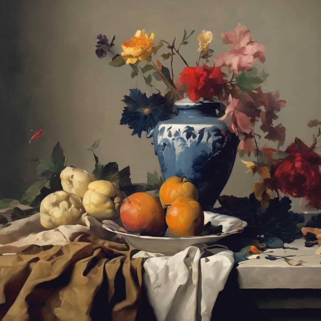 Λουλούδια σε βάζο και φρούτα, έργο τέχνης και ζωγραφική, εσωτερική διακόσμηση, still life, παραδοσιακή τέχνη, γαλάζιο βάζο, φυσική σύνθεση.